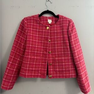 J. Crew Pink Tweed Collarless Blazer with Gold Buttons